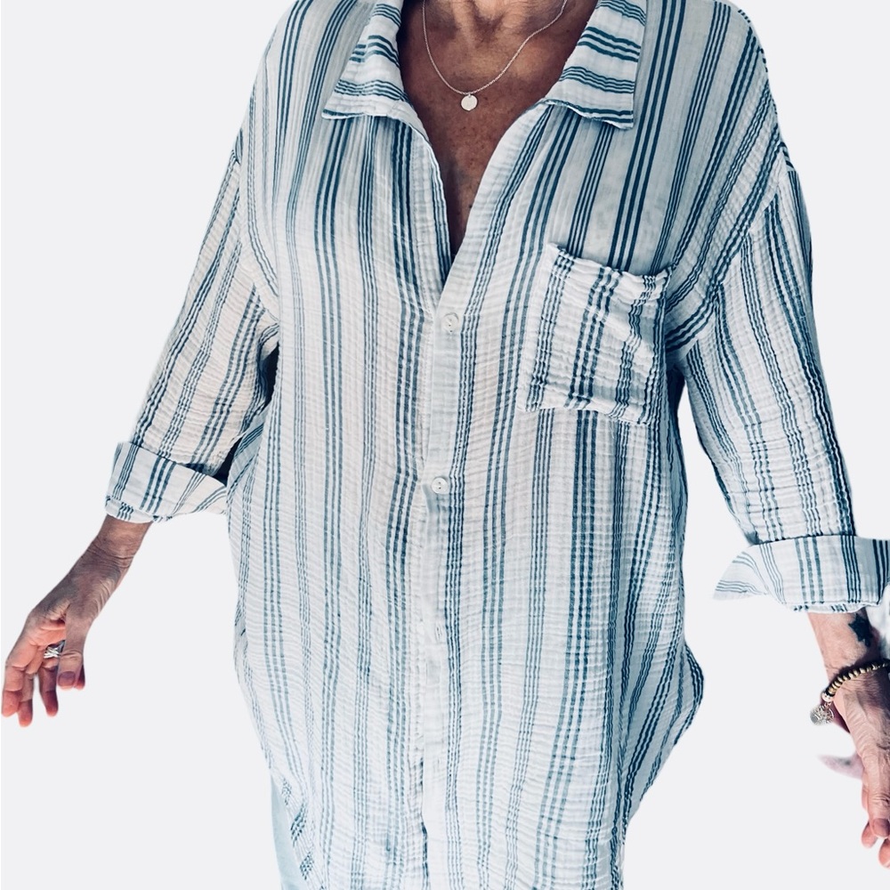 Women’s Button Up Cover Up Shirtdress Kona Sol Blue & White Sz XL